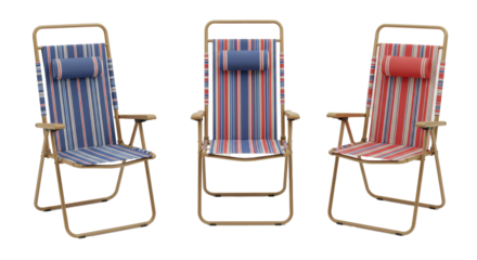 Three empty aluminum folding beach chairs, distinct striped fabrics (blue/white, red/blue/white, red/white/grey), on a transparent background, soft studio lighting, summer relaxation concept