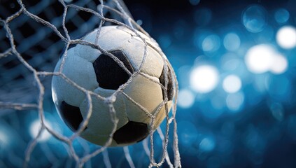 Soccer ball in net with bright bokeh background