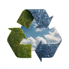 Recycling symbol collage of grass, stone, and sky, isolated on white