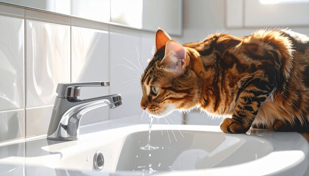 A beautiful Bengal cat drinks water from a bathroom sink faucet, enjoying fresh water.