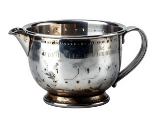 Silver teapot with ornate handle and spout.