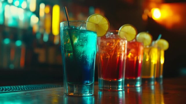 Beverage tray with assorted colorful cocktails, each garnished with a slice of fruit and ice cubes.