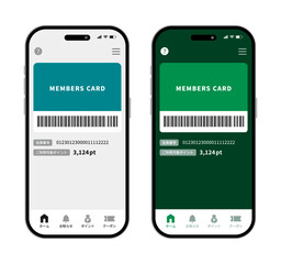 バーコードとポイント残高を表示した「MEMBERS CARD」画面のポイントカードアプリUIデザインキット｜ティールブルーとブリティッシュグリーンの2配色展開