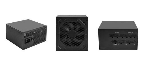 Professional computer PSU featuring a modular design with multiple connectors and a large cooling fan. Essential hardware for stable energy delivery and system performance.