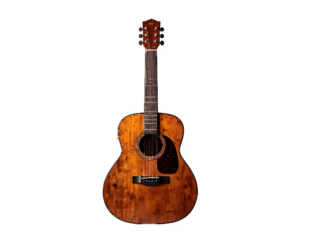Sunburst acoustic guitar with wooden body and six strings.