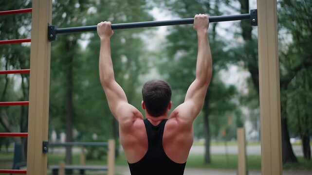 Muscular Athlete Performing Pull Ups on Horizontal Bar Outdoors Workout