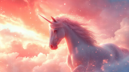 White Unicorn in Pink Sunset Clouds Magical Fantasy Dreamy Creature Art