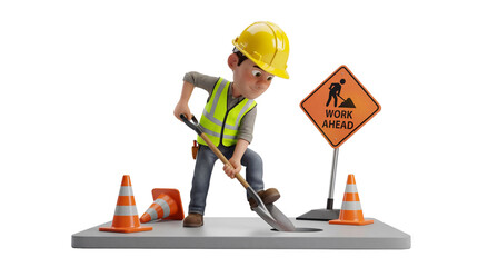 Construction Worker Character Digging with Shovel and Safety Gear