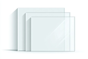 Stack of three clear square glass or acrylic panels with subtle shadows