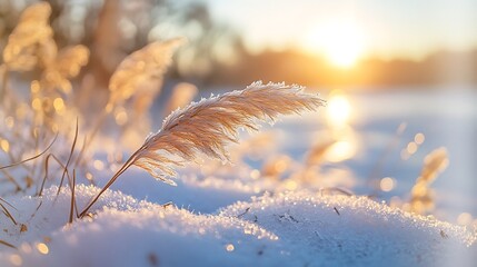 Frosted grass sways in winter sunset light
