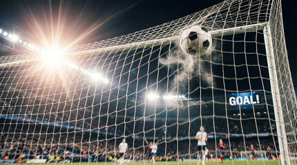 Spectacular Football Goal: Ball Hits Net, Lights Flare, Action Shot