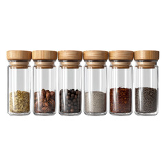Six glass jars with wooden lids filled with various spices and seeds