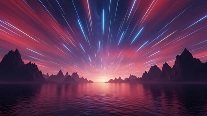 Star trails over mountain range at sunset over water