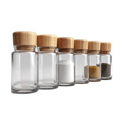 Row of clear glass jars with wooden lids containing salt, seeds, and pepper