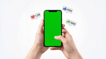 Hands Holding Smartphone Green Screen Mockup with Social Media Icons