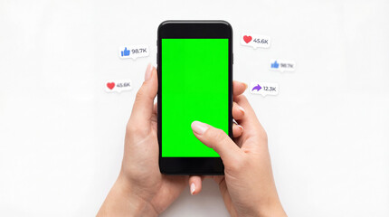 Mobile User with Green Screen Phone & Social Media Engagement