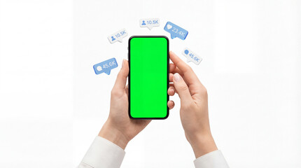 Hands Holding Green Screen Phone with Flying Social Media Notifications