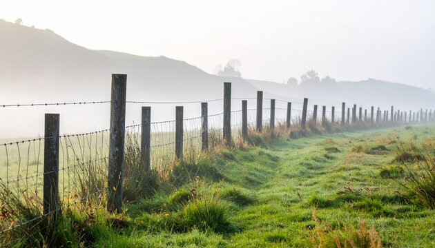A serene landscape featuring a rustic fence and a misty backdrop, capturing the essence of rural tranquility.