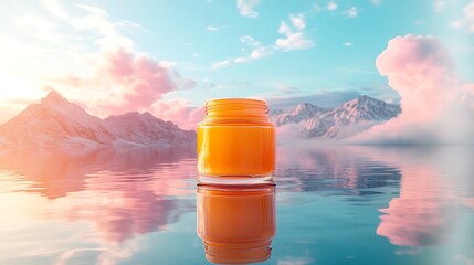 Vibrant orange jar on serene lake with majestic mountains