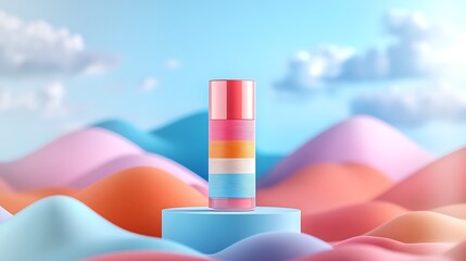 Vibrant colorful product display on minimalist blue podium in dreamy landscape