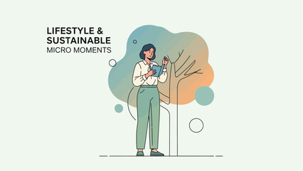 Young woman engaging with her mobile phone in a park, promoting sustainable lifestyles and micro