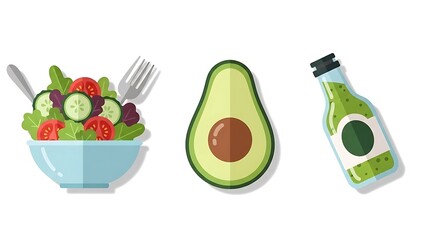 Fresh Salad Avocado and Green Juice Bottle.