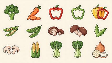 Assorted Vegetables and Fruits Illustration Set.