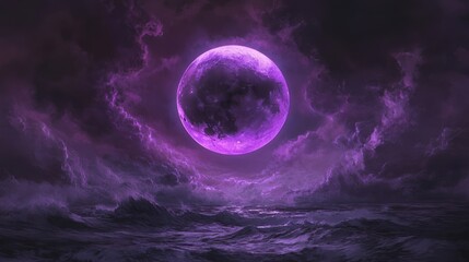 A vibrant purple celestial body glows brightly amidst swirling, ominous clouds above a turbulent ocean, creating a captivating and surreal atmospheric landscape with dramatic lighting