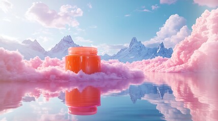 Vibrant orange jar on pink clouds amidst serene mountain lake