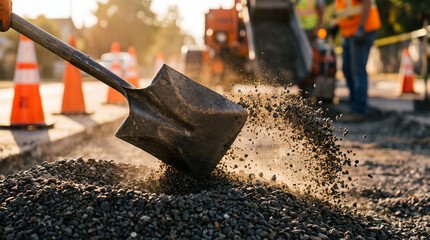 Road Construction & Repair: Shovel, Gravel, and Crew at Work