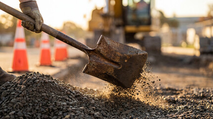 Construction Worker Shoveling Dirt at Job Site