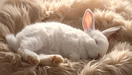A Peaceful White Rabbit Sleeping Comfortably on a Soft, Fluffy Bed of Fur.