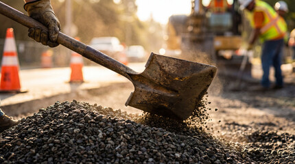 Manual Laborer Shoveling Aggregate on Road Construction Site