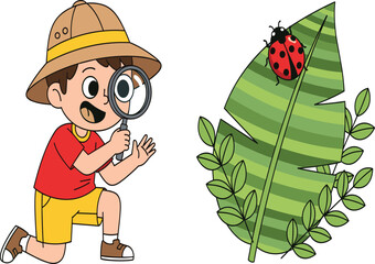 Curious boy exploring nature with magnifying glass, observing ladybug on leaf in cartoon safari outfit, educational outdoor adventure illustration © It's Sahed