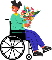 Happy Woman in Wheelchair Holding a Bouquet of Flowers Illustration