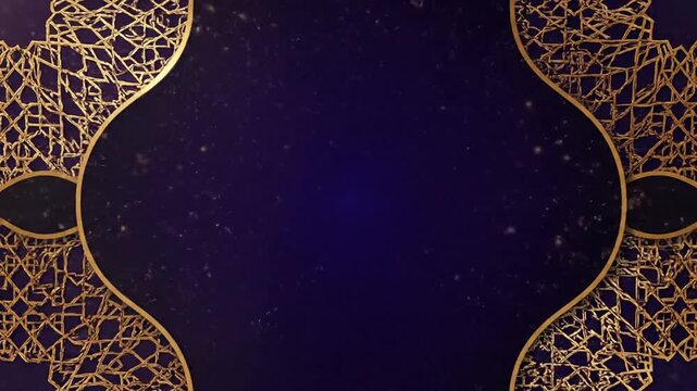 Golden ornate archways on a dark blue cosmic background with intricate patterns