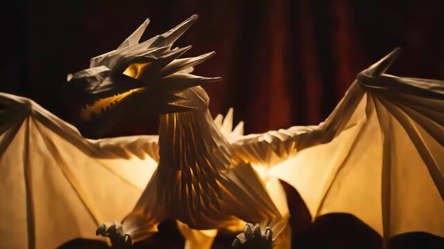 Intricate white paper dragon sculpture illuminated from within with a warm golden light, showcasing detailed folds and sharp angles against a deep red background.