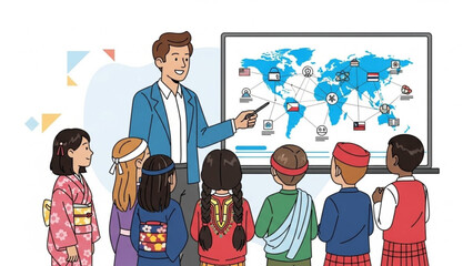 Diverse group of children in traditional clothing looking at a world map presented by a teacher in a classroom setting with global icons and flags