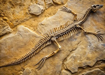 A fossilized plesiosaur skeleton lies on a stone surface