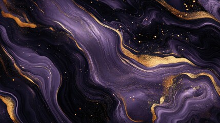 Abstract purple and gold marble texture with swirling patterns and sparkling details creates a luxurious and elegant background design perfect for various creative projects and presentations