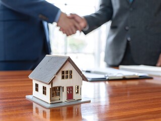 Business Deal - Handshake Over Miniature House Model