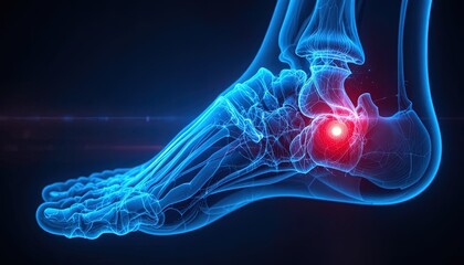Ankle pain and inflammation in a human foot with glowing red hotspot