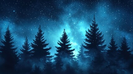 Starry night forest, mystical landscape, twilight, peaceful scene, potential use as wallpaper or background for a nature-themed game