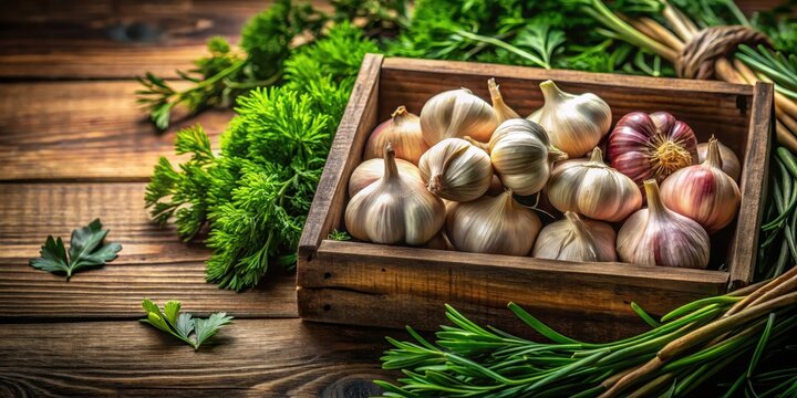 A beautifully crafted wooden box filled with an abundance of fresh garlic cloves