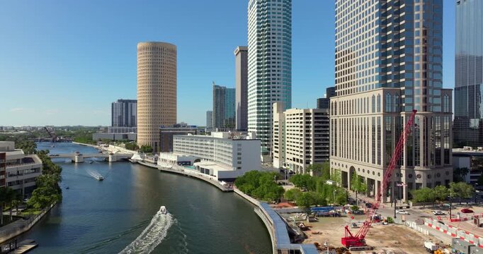 View of Tampa downtown skyline with waterfront Riverwalk.