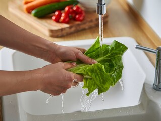 Washing Curly Kale in Kitchen Sink - Healthy Food Preparation