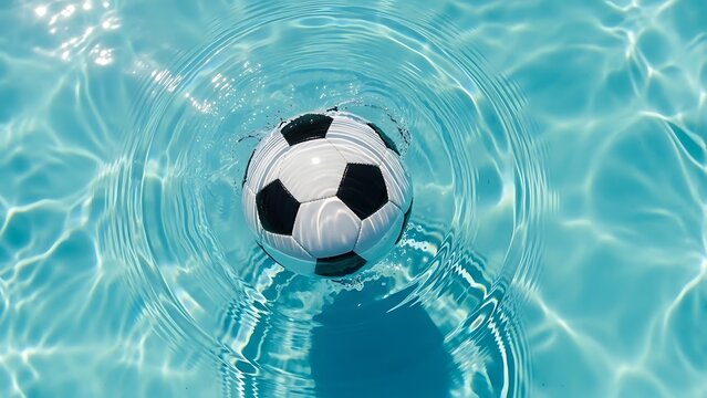 Soccer ball submerged in clear blue pool water with ripples
