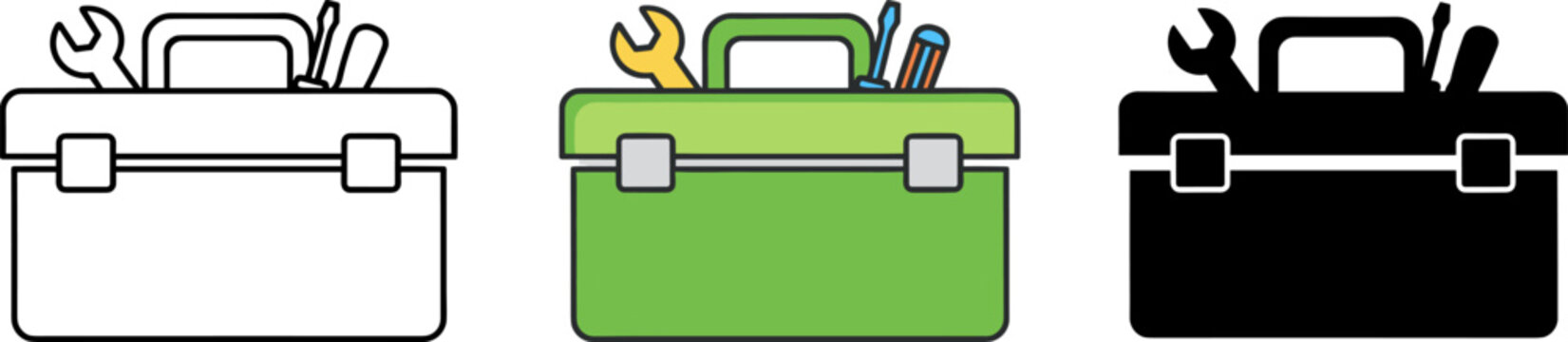 Professional tool box set with wrench and screwdriver icons in outline, flat color, and black silhouette.