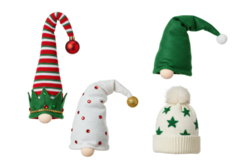 Four diverse Christmas gnome hats in red, green, white, with ornate details, isolated on a transparent background, concept for joyous Christmas headwear