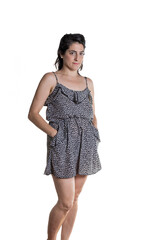 Woman in casual clothes on white background.